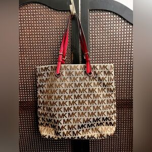 Michael Kors MK Logo Canvas Tote with Red Leather Handles